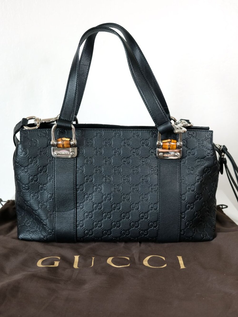 Gucci Guccissima Leather Bamboo Bar Tote, Excellent Condition, Matte Black